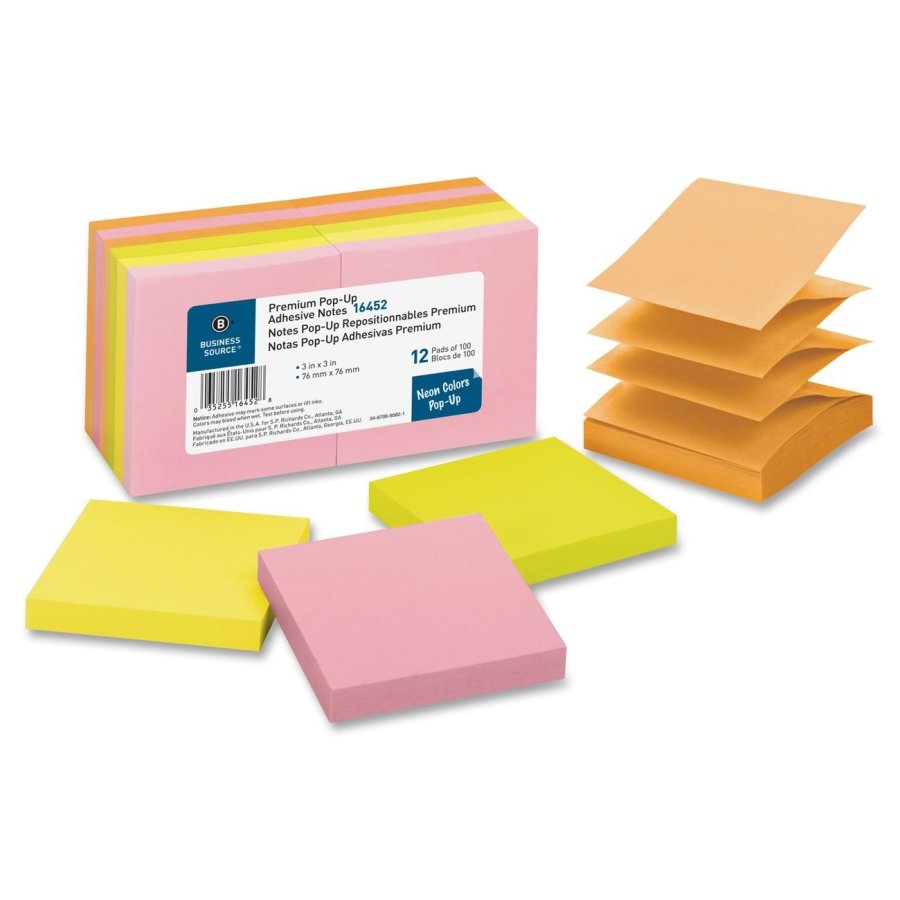 Business Source Pop-up Adhesive Note Removable, Repositionable, Solvent-free Adhesive -3"x3"- Assorted Neon - 12/Pack