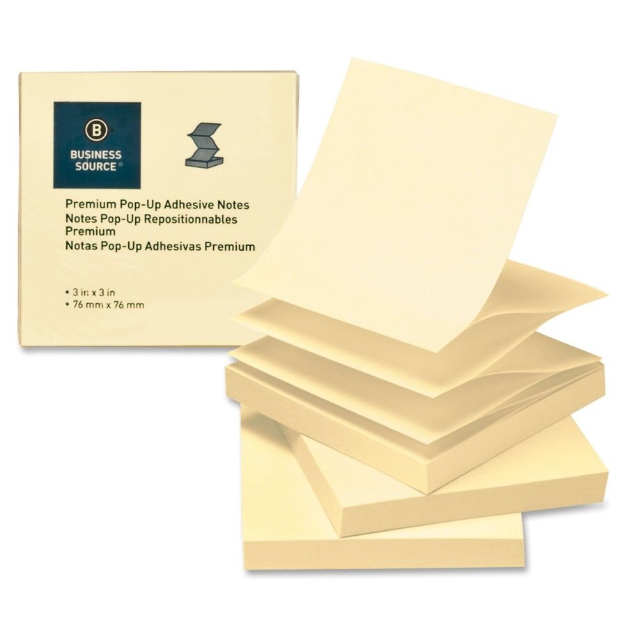 Business Source Pop-up Adhesive Note Removable, Adhesive, Fanfold, Pop-up - 3"X3" - Yellow - 12 / Pack